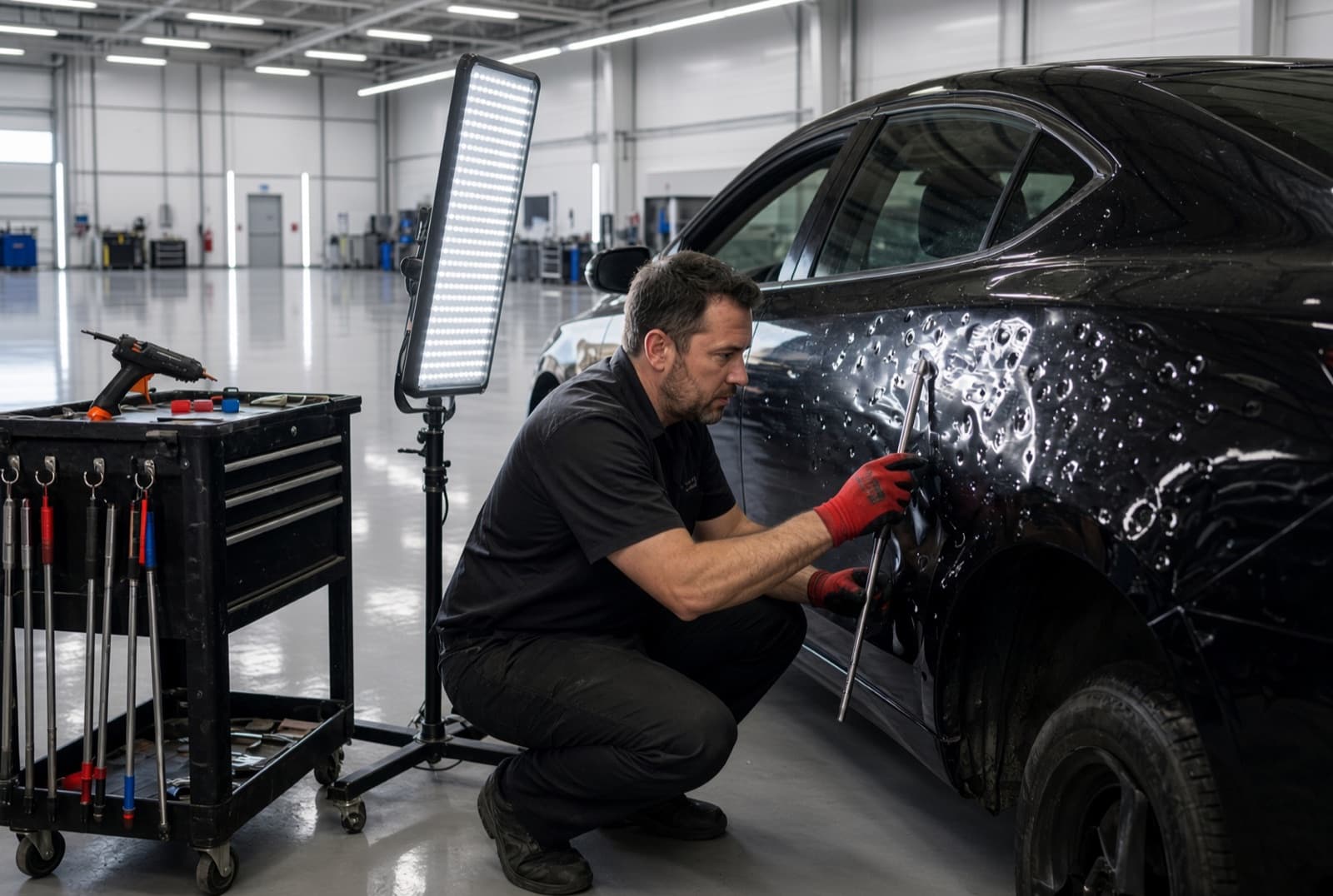 Technician working hail dents out of a car door with a PDR light and tools inside a partner shop
