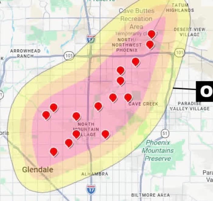 Map of the October 21 hail swath from Glendale across North Phoenix to Cave Creek and Tatum Highlands