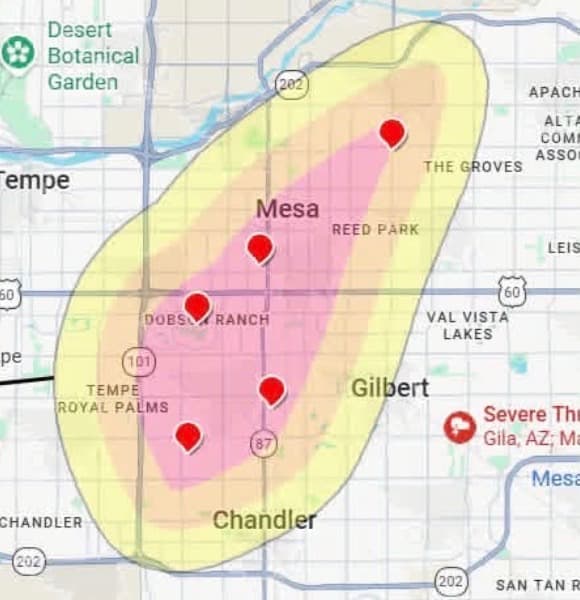 Map of the October 20 hail swath over Mesa, Dobson Ranch, Chandler and Gilbert