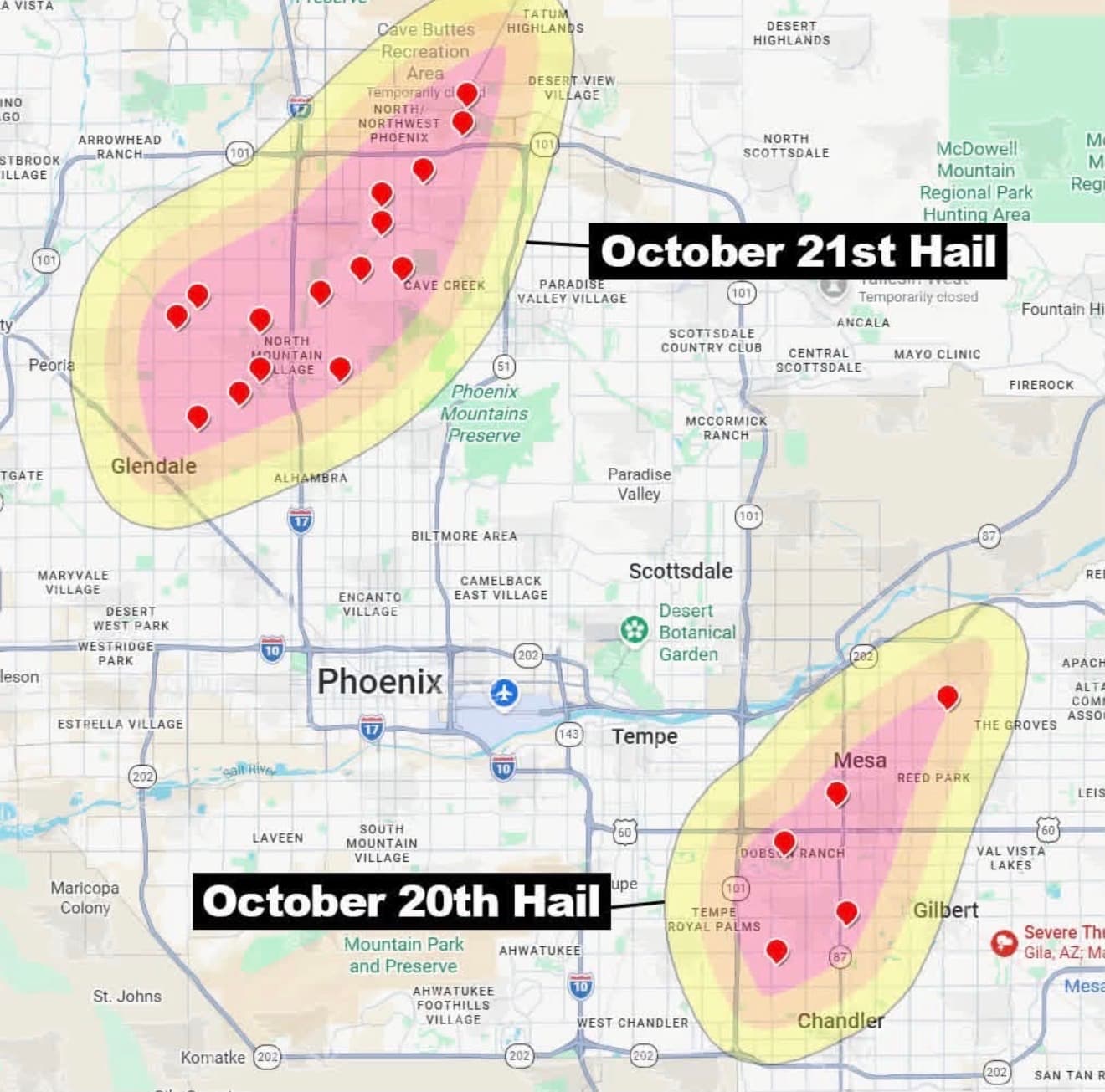Valley map showing the October 21 hail swath over Glendale and North Phoenix and the October 20 hail swath over Mesa, Chandler and Gilbert, with reported hail locations